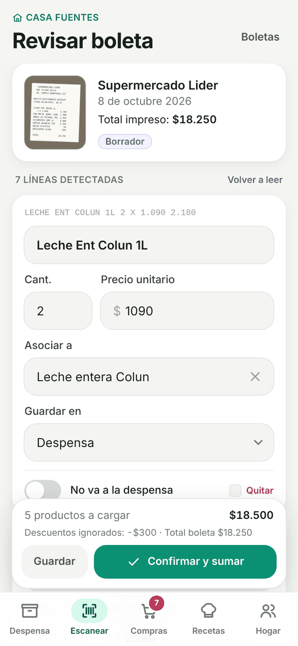 Borrador de una boleta con productos y precios
