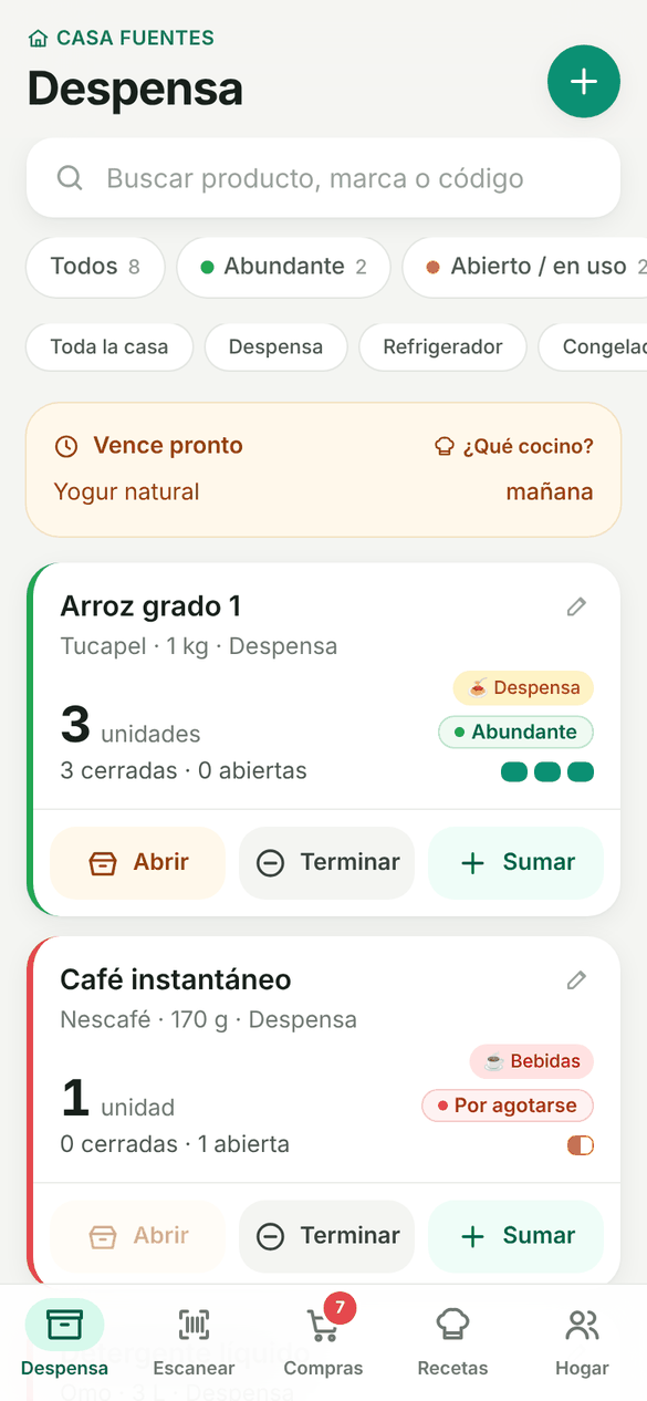 Pantalla de la despensa con productos marcados en verde, amarillo y rojo